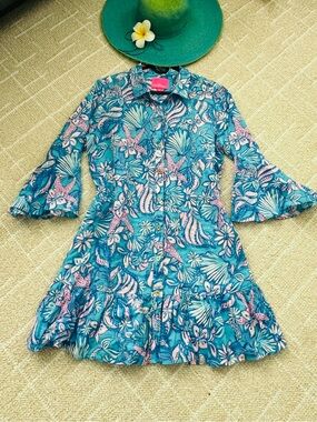 Lilly Pulitzer Blue & Pink Tropical Button-Front Ruffle Linen Dress
